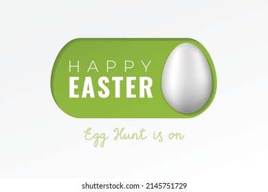 Easter Egg Hunt Concept With Realistic Egg Combined With On Off Toggle Switch Button And Greetings Logo Lettering - Green On White Background - Vector Gradient Graphic Design