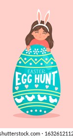 Easter egg hunt. Cute little girl in bunny ears holding Easter egg with hand drawn lettering.