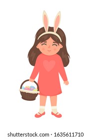 Easter egg hunt. Cute little girl in bunny ears holding basket isolated on white background.