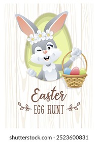 Easter Egg Hunt. Cute Easter rabbit with Wicker Basket and colorfull eggs. Vector illustration.