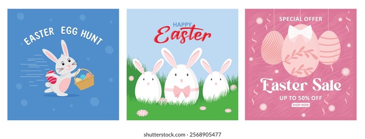 Easter Egg Hunt. Cute Egg with Rabbit. Sales promotion with discount offers. Easter 2025 concept. Set flat vector illustration.