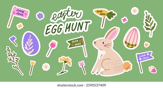 Easter Egg Hunt cute sticker collection. Isolated vector patches of bunnie, decorated eggs, flags and navigation elements. Trendy and elegant patches with hand drawn illustrations