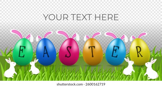 Easter egg hunt design with cute bunnies and colorful easter eggs. Easter banner template with text space.