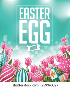 Easter egg hunt design with tulips EPS 10 vector royalty free stock illustration for greeting card, ad, promotion, poster, flier, blog, article, social media, marketing