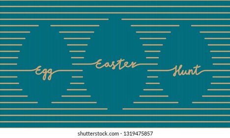 Easter Egg Hunt Doodle Style Logo Lettering and Blank Eggs Shapes Horizontal Composition Made with Repeating Lines - Gold on Turquoise Striped Background - Vector Hand Drawn Design