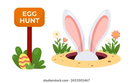 Conejo de oidos en agujero y puntero con huevo de Pascua. La tradición de la caza de huevos en las vacaciones de Pascua. Ilustración vectorial en estilo de caricatura
