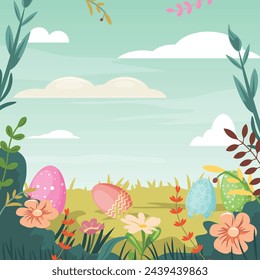 Easter egg hunt. Easter eggs nestle among lush green grass, adorned with delicate flowers under a radiant sun. Fluffy clouds on the background. Landscape illustration with a clear blue sky