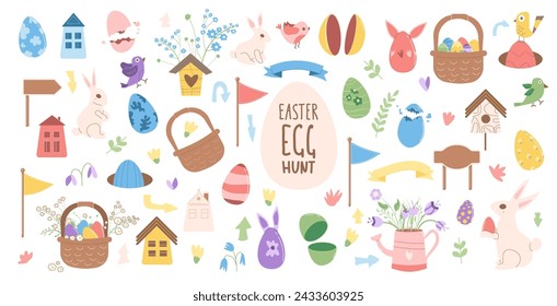 Easter egg hunt elements set. Spring holiday party collection. Eggs, basket tablets and bunny with flowers item. Vector flat illustration.