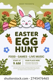 Easter Egg Hunt Event Poster with Rabbit,Carrot and Floral Spring Decoration. Vector Illustration