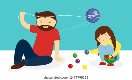 Easter egg hunt, father and daughter playing with eggs. vector illustration