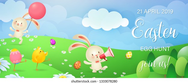 Easter Egg Hunt festive banner design. Cute chicks, bunnies, and colored eggs on flowery meadow. Illustration can be used for posters, flyers, invitation cards