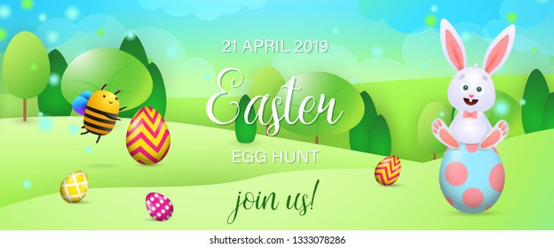 Easter Egg Hunt festive banner design. Cheerful bunny, bee and colored eggs on meadow. Illustration can be used for posters, flyers, invitation cards