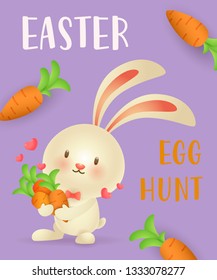 Easter Egg Hunt festive poster design. Cute bunny holding carrots on violet background. Illustration can be used for flyers, leaflets, invitation cards