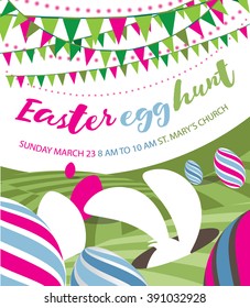 Easter egg hunt flat design with bunny, bunting and easter eggs. EPS 10 vector royalty free stock illustration.
