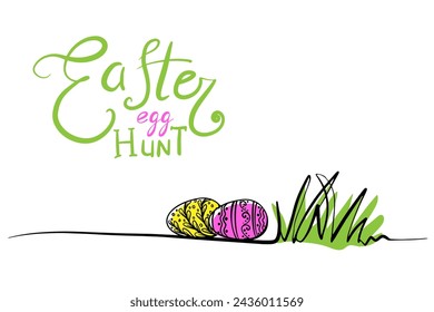 Easter egg hunt. Flower, egg in continuous line art drawing style set. Doodle floral border with  sprout, grass, nest, flower blooming. Minimalist black linear design isolated on white background.