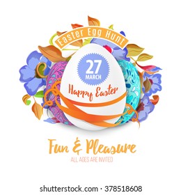 Easter egg hunt in the flowers design EPS 10 vector royalty free stock illustration for greeting card, ad, promotion, poster, flier, blog, article background.