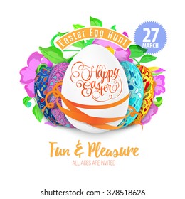 Easter egg hunt in the flowers design EPS 10 vector royalty free stock illustration for greeting card, ad, promotion, poster, flier, blog, article background.