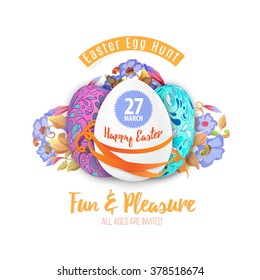 Easter egg hunt in the flowers design EPS 10 vector royalty free stock illustration for greeting card, ad, promotion, poster, flier, blog, article background.