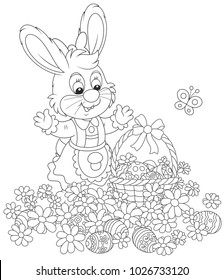 Easter egg hunt in flowers. Little bunny with a decorated basket collecting painted eggs among daisies, a black and white vector illustration for a coloring book