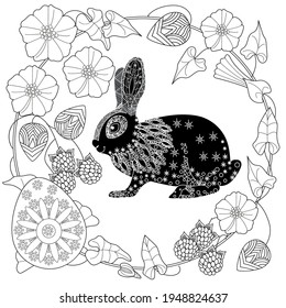 Easter egg hunt in flowers. Little bunny collecting painted eggs 
among flowers, a black and white vector illustration for a coloring book. Art therapy coloring page.