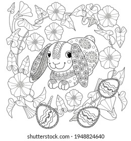 Easter egg hunt in flowers. Little bunny collecting painted eggs 
among flowers, a black and white vector illustration for a coloring book. Art therapy coloring page.