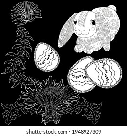 Easter egg hunt in flowers. Little bunny collecting painted eggs 
among flowers, a black and white vector illustration for a coloring book. Art therapy coloring page.