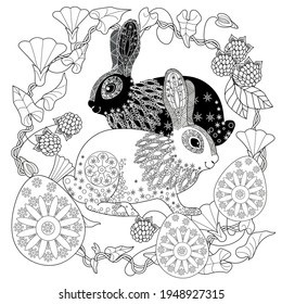 Easter egg hunt in flowers. Little bunny collecting painted eggs 
among flowers, a black and white vector illustration for a coloring book. Art therapy coloring page.