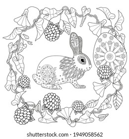 Easter egg hunt in flowers. Little bunny collecting painted eggs 
among flowers, a black and white vector illustration for a coloring book. Art therapy coloring page.