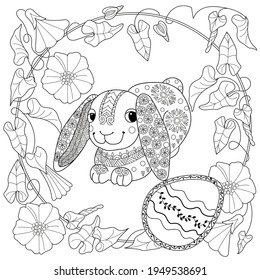 Easter egg hunt in flowers. Little bunny collecting painted eggs 
among flowers, a black and white vector illustration for a coloring book. Art therapy coloring page.