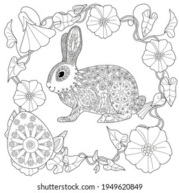 Easter egg hunt in flowers. Little bunny collecting painted eggs 
among flowers, a black and white vector illustration for a coloring book. Art therapy coloring page.