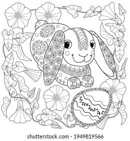 Easter egg hunt in flowers. Little bunny collecting painted eggs 
among flowers, a black and white vector illustration for a coloring book. Art therapy coloring page.