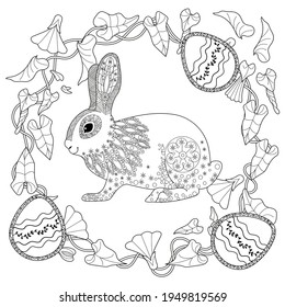 Easter egg hunt in flowers. Little bunny collecting painted eggs 
among flowers, a black and white vector illustration for a coloring book. Art therapy coloring page.