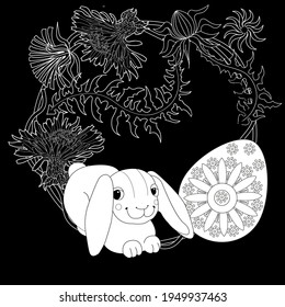 Easter egg hunt in flowers. Little bunny collecting painted eggs 
among flowers, a black and white vector illustration for a coloring book. Art therapy coloring page.
