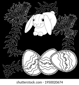 Easter egg hunt in flowers. Little bunny collecting painted eggs 
among flowers, a black and white vector illustration for a coloring book. Art therapy coloring page.