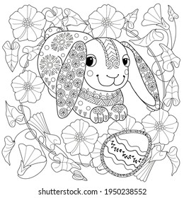 Easter egg hunt in flowers. Little bunny collecting painted eggs 
among flowers, a black and white vector illustration for a coloring book. Art therapy coloring page.