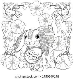Easter egg hunt in flowers. Little bunny collecting painted eggs 
among flowers, a black and white vector illustration for a coloring book. Art therapy coloring page.