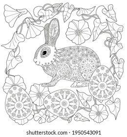 Easter egg hunt in flowers. Little bunny collecting painted eggs 
among flowers, a black and white vector illustration for a coloring book. Art therapy coloring page.