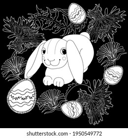Easter egg hunt in flowers. Little bunny collecting patterned eggs among flowers, a black and white vector illustration for a coloring book. Art therapy coloring page.