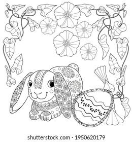 Easter egg hunt in flowers. Little bunny collecting painted eggs 
among flowers, a black and white vector illustration for a coloring book. Art therapy coloring page.