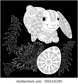 Easter egg hunt in flowers. Little bunny collecting painted eggs 
among flowers, a black and white vector illustration for a coloring book. Art therapy coloring page.