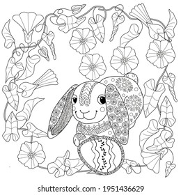 Easter egg hunt in flowers. Little bunny collecting painted eggs 
among flowers, a black and white vector illustration for a coloring book. Art therapy coloring page.