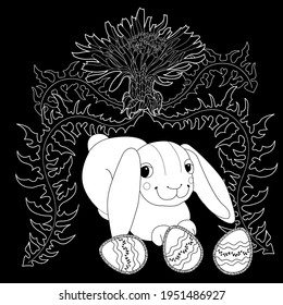 Easter egg hunt in flowers. Little bunny collecting painted eggs 
among flowers, a black and white vector illustration for a coloring book. Art therapy coloring page.