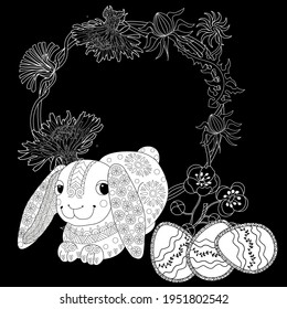 Easter egg hunt in flowers. Little bunny collecting painted eggs 
among flowers, a black and white vector illustration for a coloring book. Art therapy coloring page.