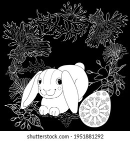 Easter egg hunt in flowers. Little bunny collecting painted eggs 
among flowers, a black and white vector illustration for a coloring book. Art therapy coloring page.