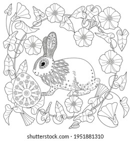 Easter egg hunt in flowers. Little bunny collecting painted eggs 
among flowers, a black and white vector illustration for a coloring book. Art therapy coloring page.