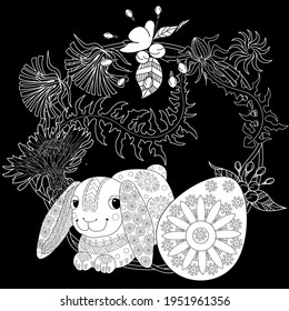 Easter egg hunt in flowers. Little bunny collecting painted eggs 
among flowers, a black and white vector illustration for a coloring book. Art therapy coloring page.