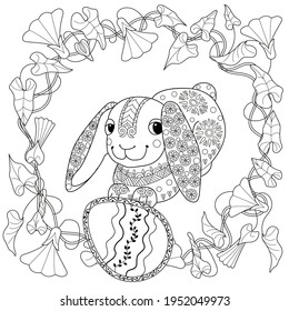 Easter egg hunt in flowers. Little bunny collecting painted eggs 
among flowers, a black and white vector illustration for a coloring book. Art therapy coloring page.