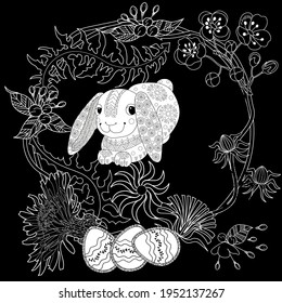 Easter egg hunt in flowers. Little bunny collecting painted eggs 
among flowers, a black and white vector illustration for a coloring book. Art therapy coloring page.