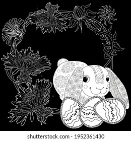 Easter egg hunt in flowers. Little bunny collecting painted eggs 
among flowers, a black and white vector illustration for a coloring book. Art therapy coloring page.
