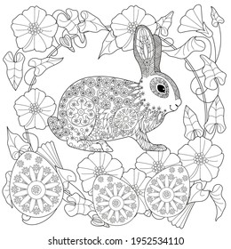 Easter egg hunt in flowers. Little bunny collecting painted eggs 
among flowers, a black and white vector illustration for a coloring book. Art therapy coloring page.